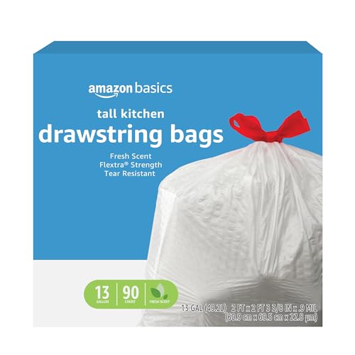 Amazon Basics Flextra Tall Kitchen Drawstring Trash Bags, Fresh Scent, 13 Gallon, 90 Count