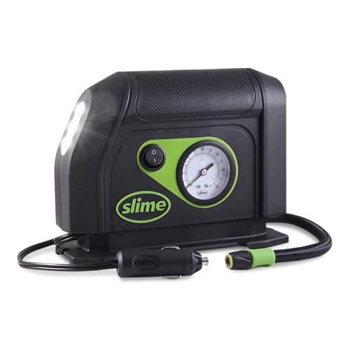 Slime 40050 Tire Inflator, Portable Car Air Compressor, with Analog 100 psi Dial Gauge, Long Hose and LED Light, 12V, 8 min inflation