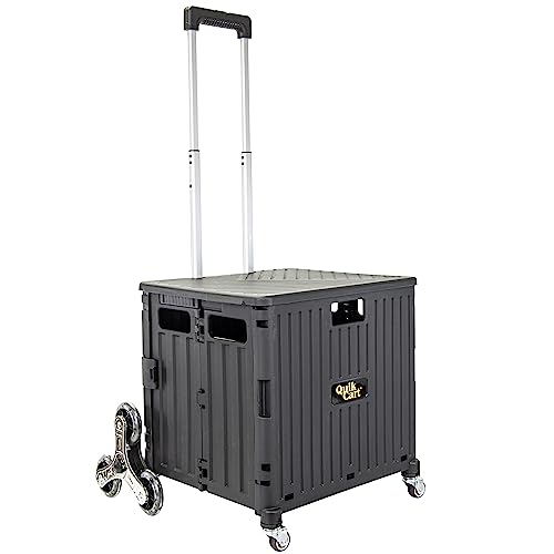 dbest products Quik Cart Stair Climber Wheeled Rolling Crate Teacher Utility with seat Heavy Duty Collapsible Basket with Handle, 18' D x 17' W x 39' H, Black