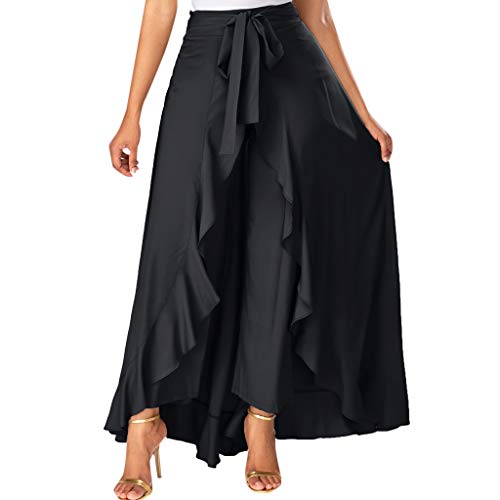 Womens Grey Side Zipper Tie Front Overlay Pants Ruffle Skirt Bow Long Skirt