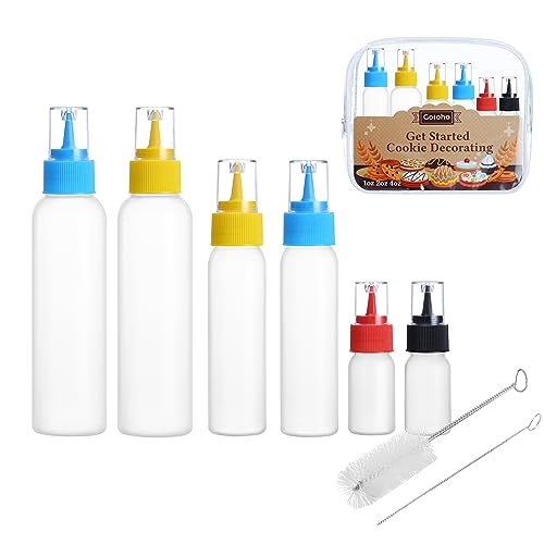 GOLOHO Cookie Icing Bottles, 6 Squeeze Applicator Bottles, 2 each (1, 2 and 4 ounces), Royal Icing Tools, Cake Sugar Cookie Decorating Supplies, Food Coloring, Frosting, Pancake Arts and Crafts Kit