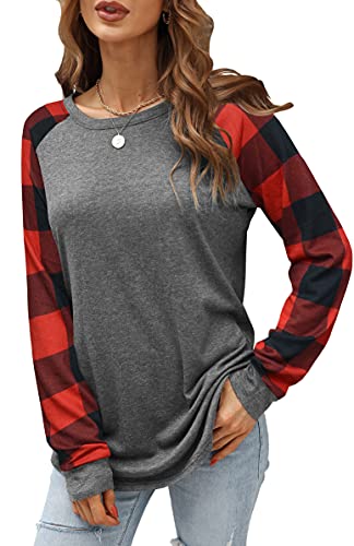 Aifer Holiday Outfits for Women 2023 Plaid Round Neck Long Sleeve Tops Cute Christmas Shirts Thanksgiving Sweatshirts