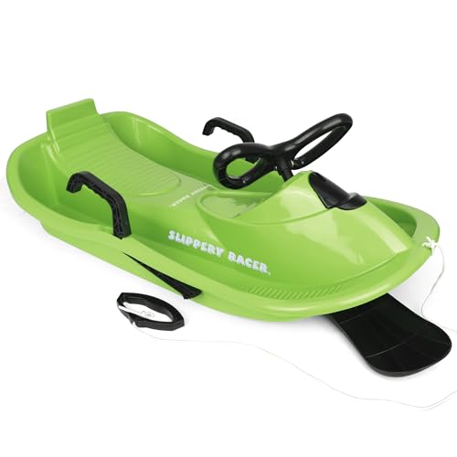 Slippery Racer Downhill Derby Kids Steerable Snow Sled, Green