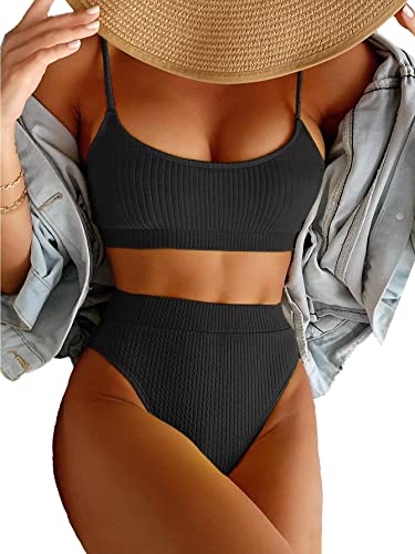 Lilosy High Waisted Tummy Control Bikini Ribbed Sporty Brazilian Swimsuit Set Women Highwaisted Cheeky Cut Leg Rise Bottom Crop Push Up Top 2 Piece Bathing Suit Black Large