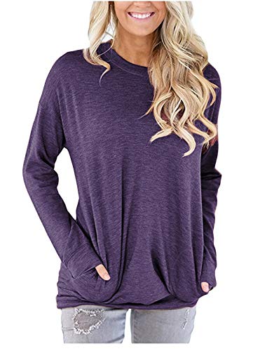 onlypuff Women's Long Sleeve Casual Top Tunics T Shirt Comfy Round Neck Blouse Purple M
