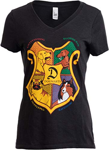 Dogwarts School of Canine Wizardry | Funny Dog Mom Joke V-Neck T-Shirt for Women-(Vneck,L) Vintage Black