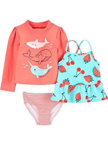Simple Joys by Carter's Girls' 3-Piece Assorted Rashguard Sets, Orange Sea Life/Red Fruit/Stripe, 3T