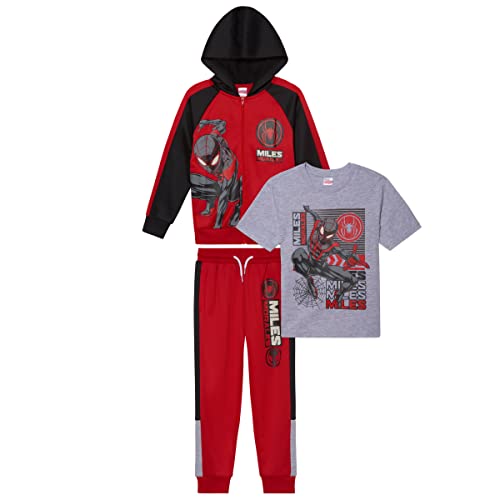 Marvel Spider-Man Boys 3-Piece Fleece Pants Sets, Spiderman Zip-Up Hoodies, T-Shirts, and Pants Sets for Boys (Miles Morales Red, 10/12)