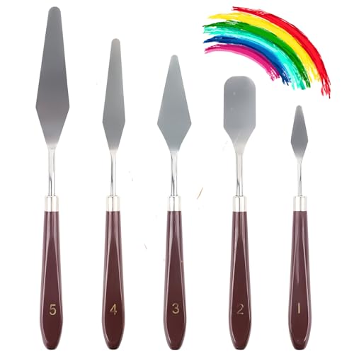 JJJGYCOR 5pcs Stainless Steel Paint Palette Knife Set for Oil Paint, Gesso, Plaster, Acrylic Paint Mixing Or Spreading. Scraper for Cake Icing Tools, Fondant Tools, Turnip Knife, Painting Tools