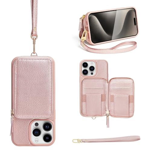 ZVE Wallet Case for iPhone 15 Pro, Phone Case with Card Holder Wrist Strap Compatible iPhone 15 Pro, RFID Blocking Zipper Leather Gift Cover for Women for iPhone 15 Pro, 6.1'(2023) - Rose Gold