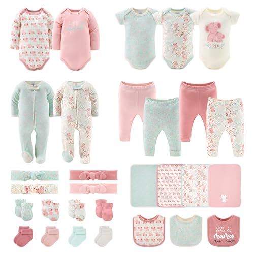 The Peanutshell Newborn Clothes & Accessories Set, 30 Piece Layette Gift Set, Fits Newborn to 3 Months, Pink Elephant & Floral
