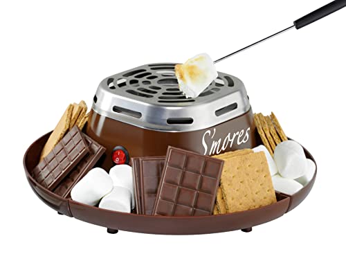 Nostalgia Tabletop Indoor Electric S'mores Maker - Smores Kit With Marshmallow Roasting Sticks and 4 Trays for Graham Crackers, Chocolate, and Marshmallows - Movie Night Supplies - Brown