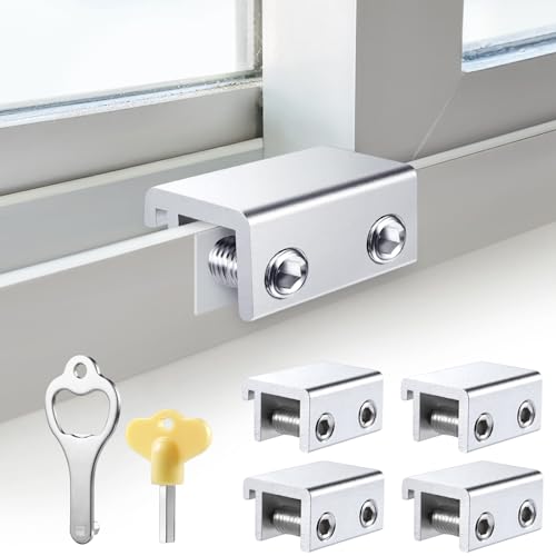 Sliding Window Locks (4 Sets), Security Window Locks with Keys, Adjustable Aluminum Sliding Window Stops, Easy Installation Without Drilling, for Vertical and Horizontal Sliding Windows (Silver)