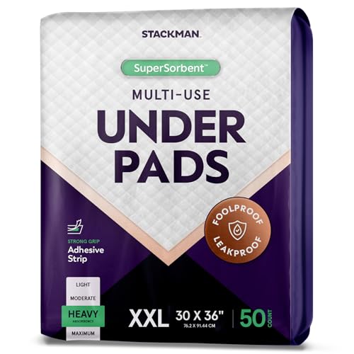 XXL Bed Pads, 5-Layer Disposable 30 x 36 Chucks Pee Pads for Incontinence Bed Wetting for Adults, Elderly & Kids [50 Pads] Heavy-Duty Extra Large Underpads - 30x36 - With 2 Adhesive Strips on Each Pad
