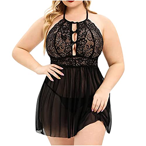 Plus Size Lingerie for Women for Sex Naughty Play Lace See-through Pajamas Halter Chemise Sleepwear Teddy Babydoll Black XX-Large