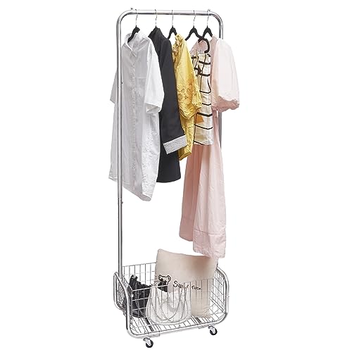 LOVKITCHEN Clothes Rack, Heavy Duty Clothes Racks for Hanging Clothes, Rolling Clothes Rack with Wheels and Bottom Mesh Storage Basket (Small)