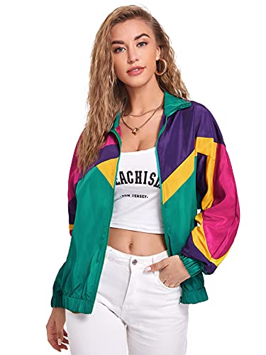 Verdusa Women's Colorblock Zip Up Long Sleeve Collar Windbreaker Jacket Coat Green Purple Yellow L
