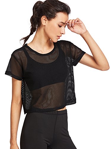 SweatyRocks Women's Sexy Sheer Mesh Fishnet Net Short Sleeve T-Shirt Crop Top Black L