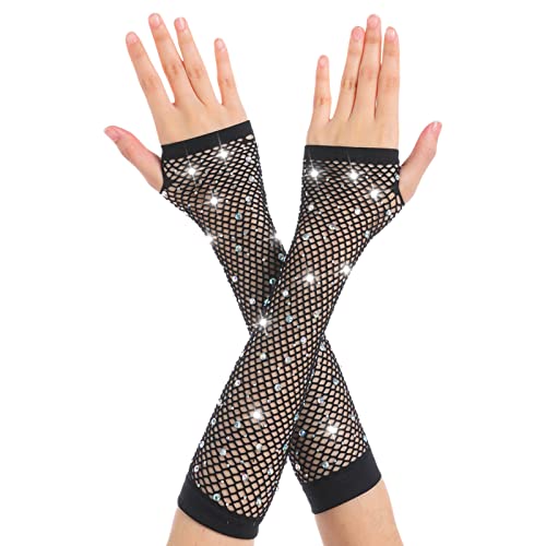 OTPEH Women Fishnet Rhinestone Gloves Fingerless Kids Fish Net Arm Sleeve Warmers 80s Emo Scene Accessories Black