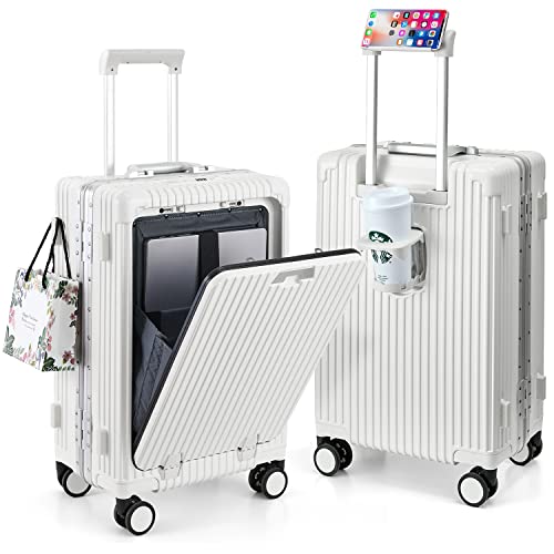 MRPLUM Front Pocket Carry On Luggage,PC Hardside Spinner Wheel Suitcase with TSA Lock, Cup Holder,Phone Holder&USB Charging Port,20 inch,White