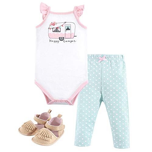Hudson Baby Unisex Baby Cotton Bodysuit, Pant and Shoe Set, Pink Happy Camper, 12-18 Months