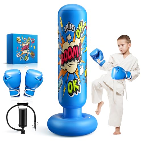 Punching Bag for Kids, Inflatable Kids Punching Bag for Kids 3-12, Boxing Equipment for Kids and Adults, Christmas, Birthday Gifts, Punching Bag Practice Karate, Taekwondo