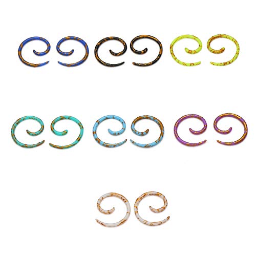 PiercingJ 14pcs Set Mixed 7 Colors UV Acrylic Spiral Snail Tapers Plug Sizes 14G-3/4 Taper Ear Stretching Kit Ear Gauges Plugs Kit