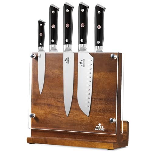 ENOKING Magnetic Knife Block with Acrylic Shield, Double Side Kitchen Knife Holder without Knives- Acacia Wood Universal Knife Storage Organizer with Powerful Magnet for Kitchen Counter