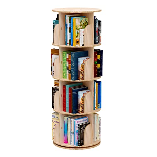 Bear Qiaqia Rotating Bookshelf 360 Degrees, 4 Tier Stackable Solid Wood Bookshelf Organizer, Storage Display Rack Floor Standing Bookcase for Kids&Adults (51'x18'x18')…