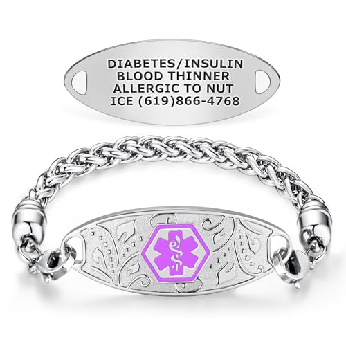 Divoti Custom Engraved Medical Alert Bracelets for Women, Stainless Steel Medical Bracelet, Medical ID Bracelet w/Free Engraving – Lovely Filigree Tag w/Wheat-Purple-8.0'