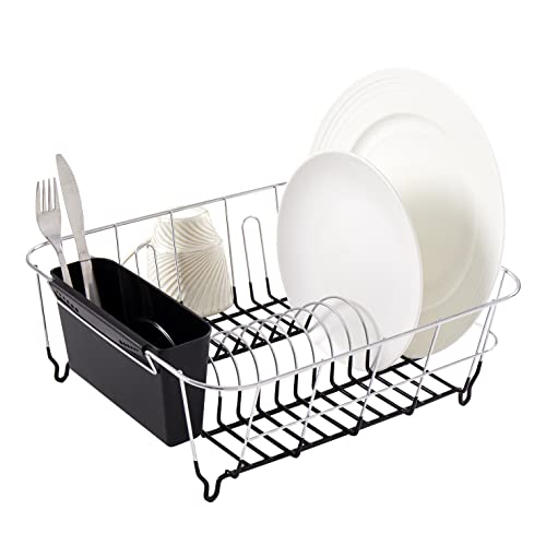 Sweet Home Collection 2 Piece Dish Drying Rack Set Drainer with Utensil Holder Simple Easy to Use Fits in Most Sinks, 14.5' x 13' x 5.25', Black