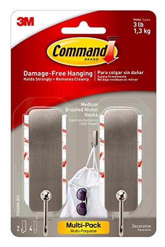 Command Medium Decorative Wall Hooks, Damage Free Hanging Wall Hooks with Adhesive Strips, No Tools Wall Hooks for Hanging Decorations in Living Spaces, 2 Brushed Nickel Hooks and 4 Command Strips