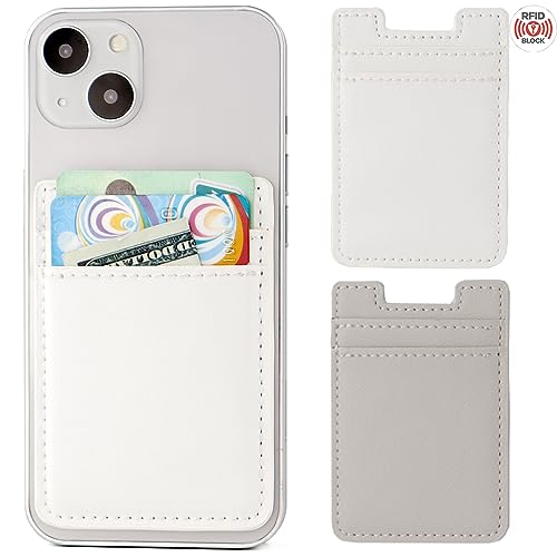 Fulgamo 2Pack Phone Wallet,Leather Phone Card Holder Adhesive Stick On Credit Card Pocket for Back of Phone Case iPhone and Android-White,Grey