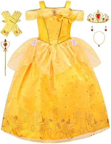 Avady Princess Dress for Girls Princess Costume Layered Off Shoulder Birthday Party Christmas Yellow 5-6Y