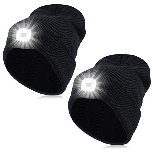 2 PCS Lighted Beanie, Unisex Warm Knitted Hat, Headlamp LED Hat Light, for Auto Repair Outdoor Sports Cycling Night Hiking Running, As Mens Women Gifts Black