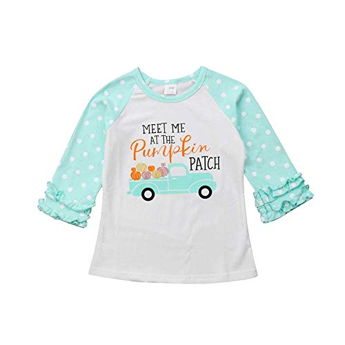 Baby Kids Girl Unicorn Halloween Pumpkin Car Print Ruffle Polka Dot Long Sleeve Cotton T-Shirt Top Outfits (Blue, Tag Size 110, US 5T)