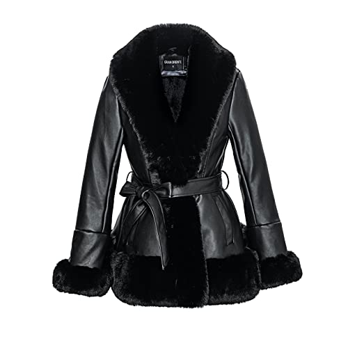 GRAN ORIENTE Women's Faux Leather Jacket with Faux Fur Collar Long Sleeve Parka with Pockets Warm Winter Parka Coat with Belt Plus Size Outerwear GK007-BLACK-L