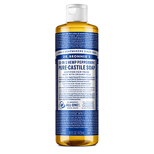 Dr. Bronner's - Pure-Castile Liquid Soap (Peppermint, 8 ounce) - Made with Organic Oils, 18-in-1 Uses: Face, Body, Hair, Laundry, Pets and Dishes, Concentrated, Vegan, Non-GMO