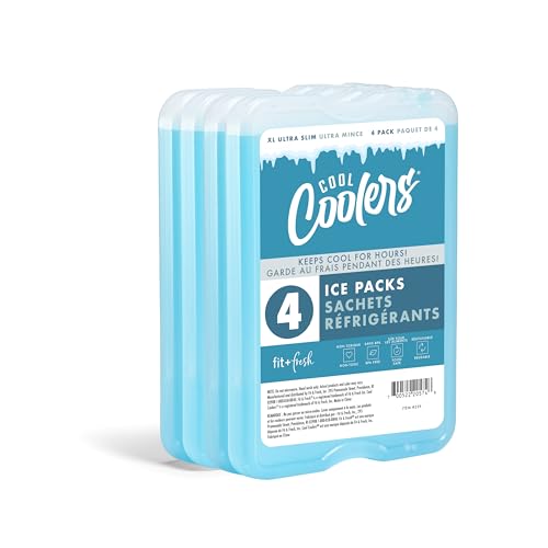 Cool Coolers by Fit & Fresh 4 Pack XL Slim Ice Packs, Quick Freeze Space Saving Reusable Ice Packs for Lunch Boxes or Coolers, Blue, 239ICE