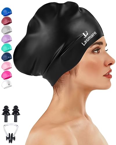 Large Long Hair Swim Cap with Extra Room for Women Men, Silicone Swimming Cap for Long Thick Hair with Ear Plugs Nose Clip Set, Adult Waterproof Swim Hats Bathing Caps to Keep Hair Dry(Black)