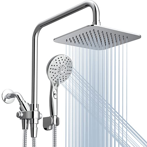 Ryamen Dual Shower Head Combo, 8'' High Pressure Rain/Rainfall Shower Head,5 Settings Adjustable Handheld Showers,with 15' Height Adjustable Slide Bar,Holder/Hose, Angle Adjustable, Chrome