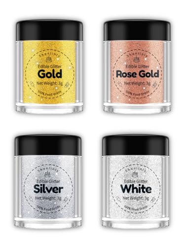 Shanlinly Edible Glitter Set - 4 Colors Food Grade Edible Glitter for Cake Strawberries Drink Dust Shimmering Glitter, Vegan Metallic Food Coloring Sprinkle on Sparkle for Chocolates, Fondant Pops