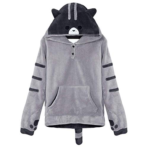 GK-O Women Cute Hooded Cat Ears Hoodie Girl Pullover Jacket Sweatshirt Coat Anime (Asian Size XL) Light Gray