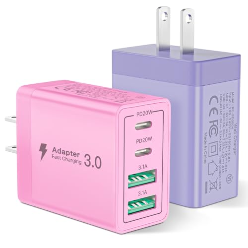 [2 Pack] USB C Charger Block, Aioneus 40W 4-Port QC+PD 3.0 Power Adapter, Fast Charging Block Type C Multiport Plug USB C Wall Charger for iPhone 15 14 Plus Pro Max 13 12, iPad, Samsung(Pink & Purple)