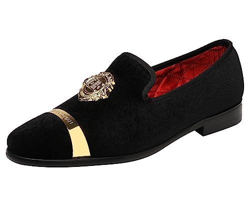 ELANROMAN Men's Velvet Loafers Dress Gold Buckle Fashion Party Wedding Prom Shoes Black US 10