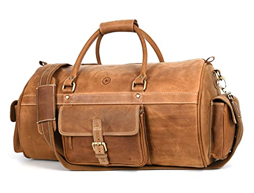 Full Grain Leather Travel Duffel Barrel Bag With Adjustable Straps | Large Compartment & Zippered Side Pockets Weekend Overnight Bag (Tawny)