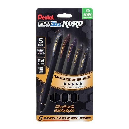 Pentel EnerGel Kuro Retractable Liquid Gel Pen, Shades of Black, 0.7mm tip, Assorted black ink, Pack of 5 pens (BL437PF5MA)