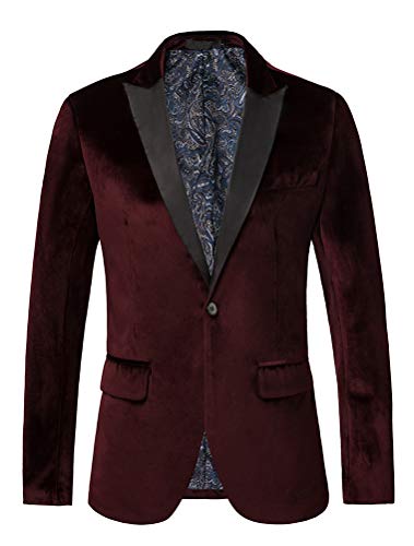 THWEI Mens Velvet Blazer Slim Fit Solid Blazer Sport Coat(Burgundy,M-1)