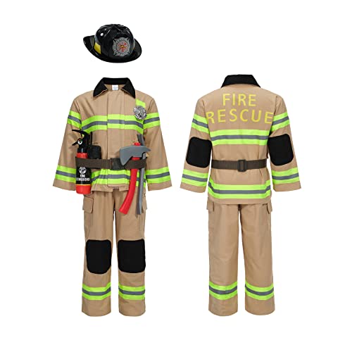 Kosgraiy Firefighter Costume for Kids,Tan Fireman Costume for Boy and Girl,Kds Fire Chief Costume Outfit,Halloween,9pcs,Size L for Children 6-8Years