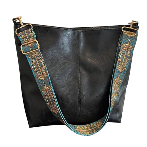 MaijjLyn Hobo Bags for Women Crossbody Handbags Guitar Strap Shoulder Bucket Bag Vegan Leather Purse Trendy Boho Tote Purses Black